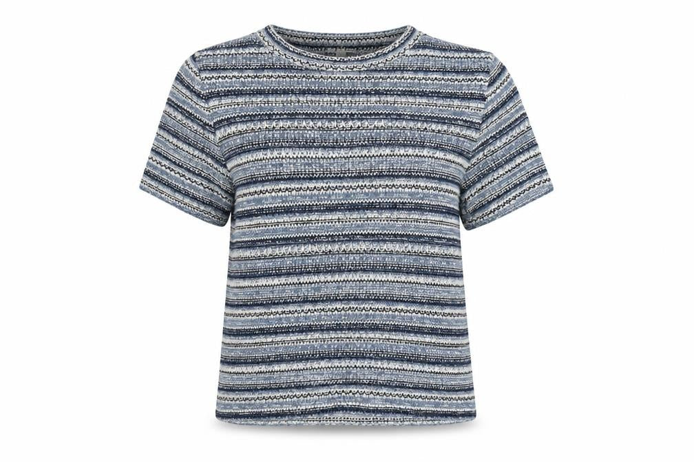 Front view of River Island women’s blue boat neck striped acrylic jumper, size UK 14