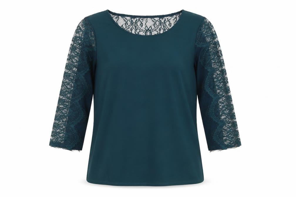 Front view of Warehouse women’s green viscose basic blouse, size UK 12, round neck - lace details