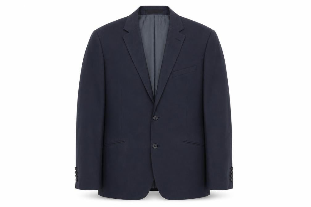 Front view of Marks & Spencer men’s blue polyester jacket suit jacket, size 44, regular