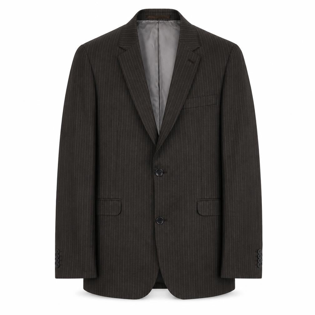Front view of Topman men’s grey striped polyester jacket suit jacket, size 38, regular - pinstripe