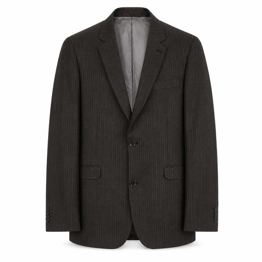 Front view of Topman men’s grey striped polyester jacket suit jacket, size 38, regular - pinstripe