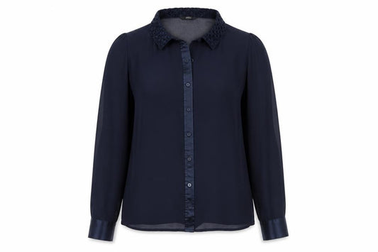 Front view of Marks & Spencer women’s blue polyester basic button-up, size UK 12, collared