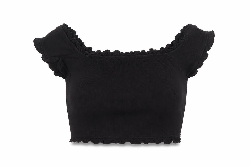 Front view of Next women’s black polyester cropped tank, size UK 10, off the shoulder