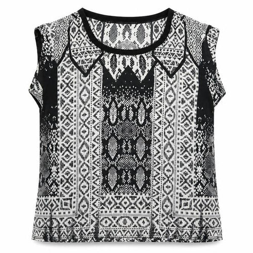 Mango Womens Black Geometric Polyester Basic T-Shirt Size L Round Neck
