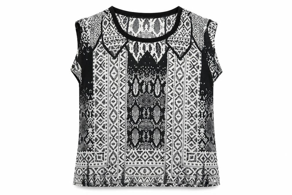 Mango Womens Black Geometric Polyester Basic T-Shirt Size L Round Neck