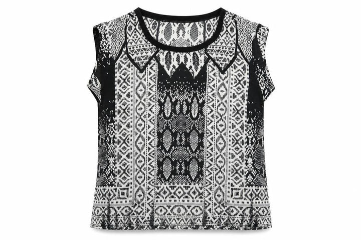 Mango Womens Black Geometric Polyester Basic T-Shirt Size L Round Neck