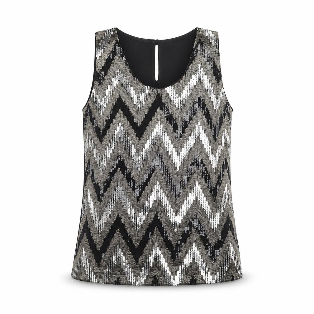 Front view of Vanessa Alexandra women’s black geometric polyester basic tank, size M, round neck