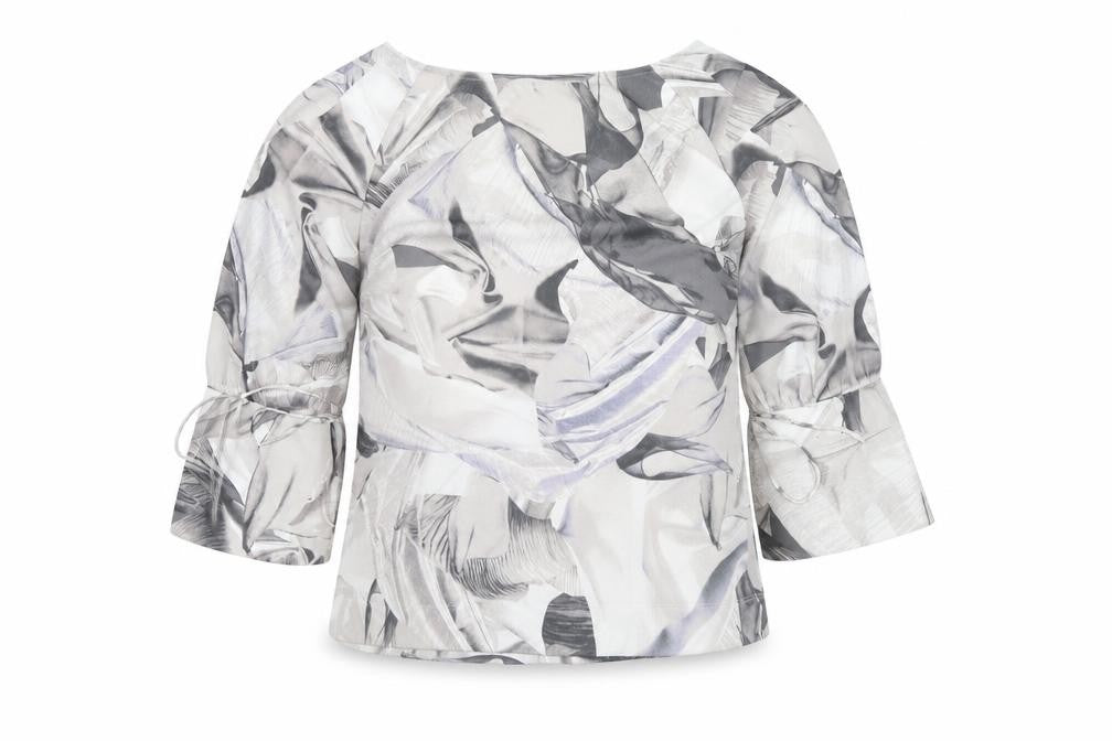 Front view of Next women’s grey geometric polyester basic blouse, size UK 10, round neck