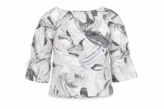 Front view of Next women’s grey geometric polyester basic blouse, size UK 10, round neck