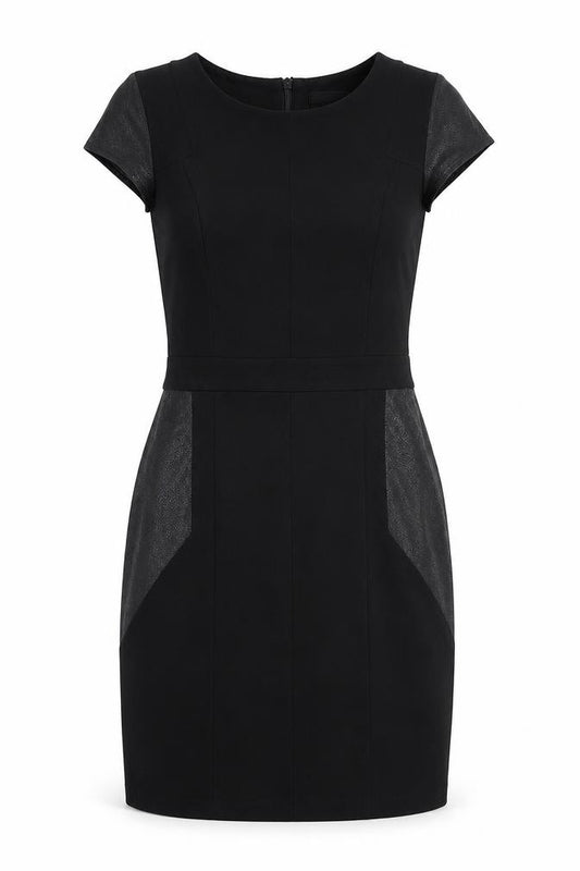 Front view of Next women’s black colourblock viscose a-line, size UK 8, round neck zip