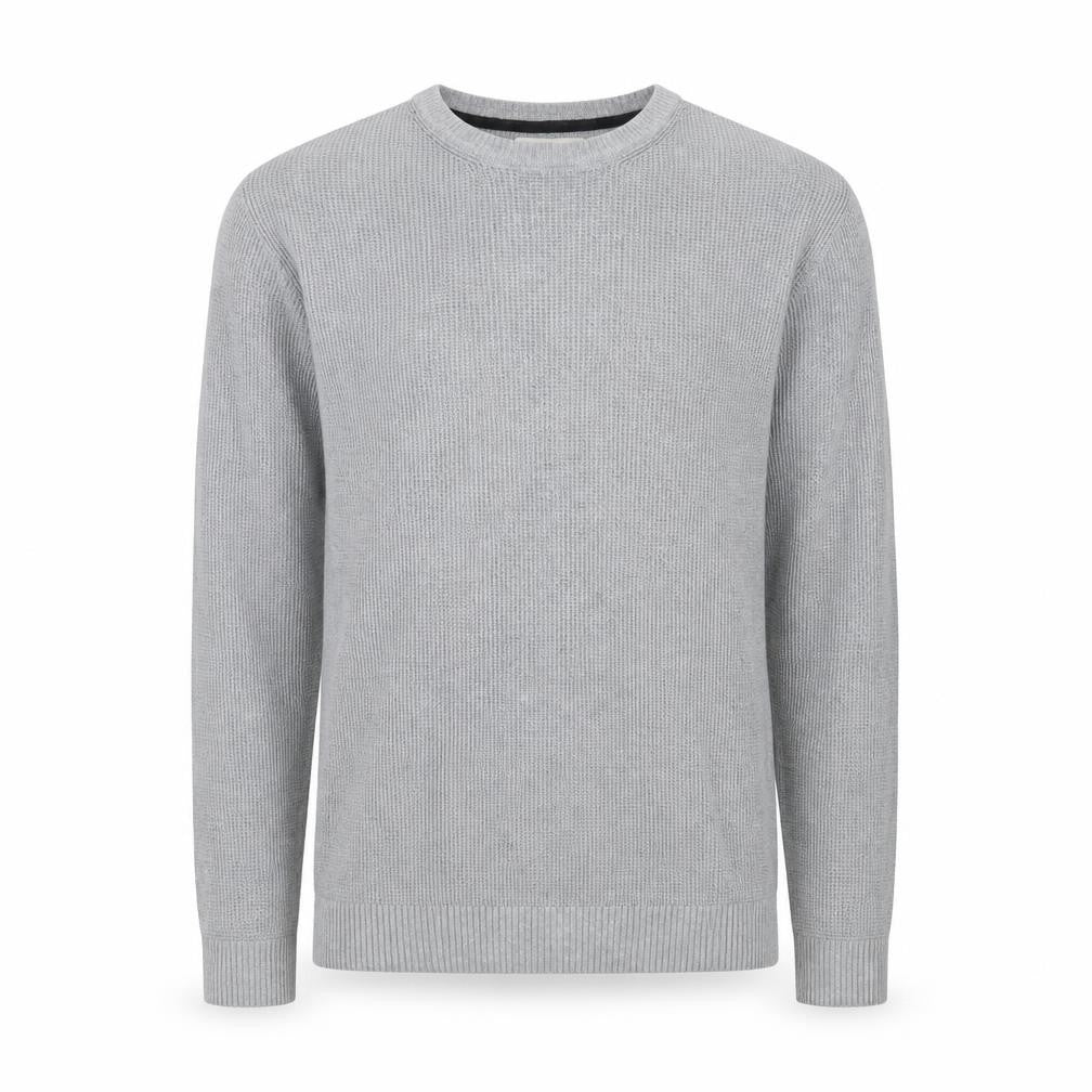 Front view of River Island men’s grey round neck cotton jumper, size XS, long sleeve
