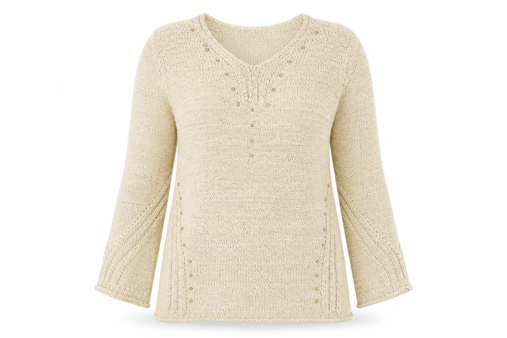 Front view of Roman women’s beige v-neck acrylic jumper, size S