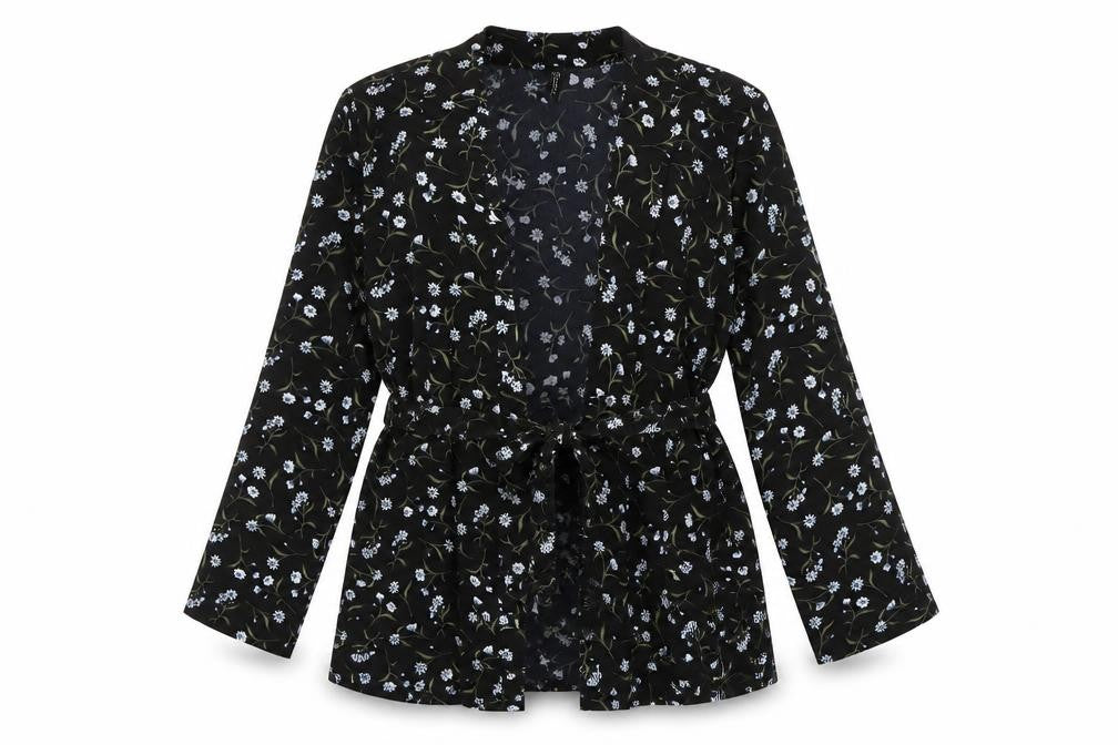 Front view of H&M women’s black floral polyester kimono blouse, size S, v-neck