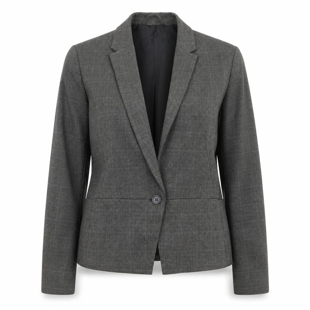 Front view of Marks & Spencer women’s grey striped polyester jacket blazer, size UK 12