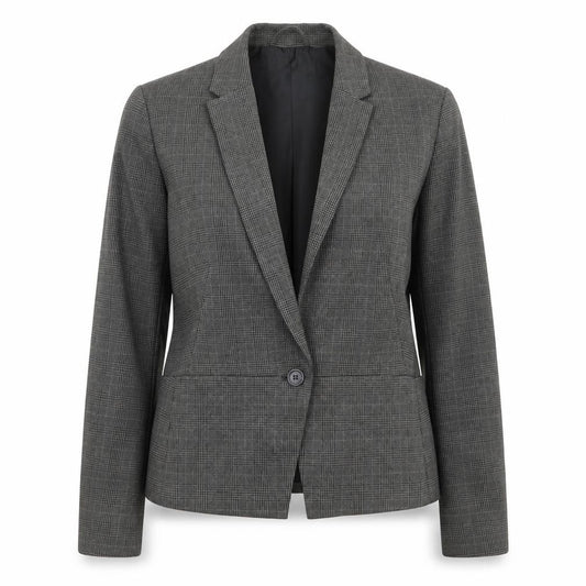 Front view of Marks & Spencer women’s grey striped polyester jacket blazer, size UK 12