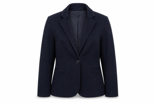 Front view of New Look women’s blue polyester jacket blazer, size UK 12