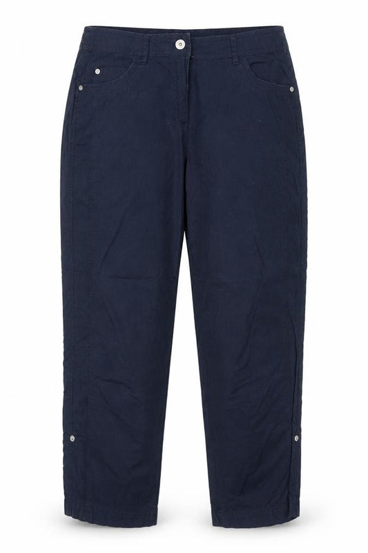 Front view of G.W. women’s blue cotton trousers, size UK 16, regular zip