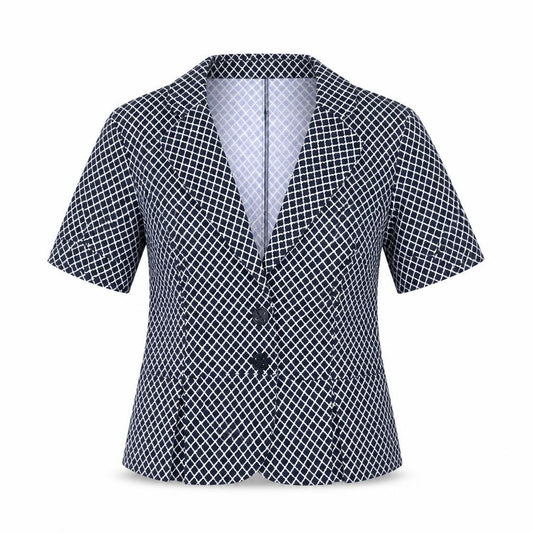 Front view of Epilogue women’s blue geometric jacket blazer, size UK 12, button