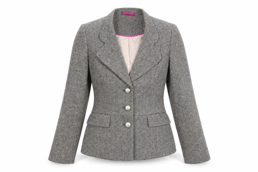 Front view of Minuet women’s grey geometric wool jacket blazer, size UK 10