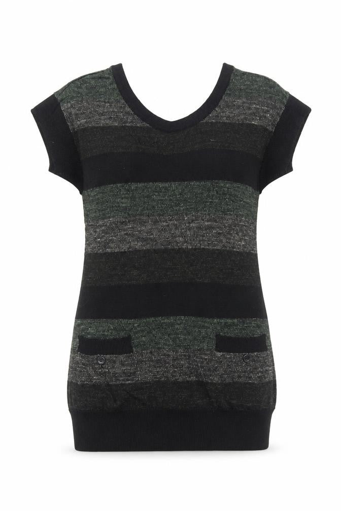 Front view of DC women’s green round neck striped acrylic jumper, size M