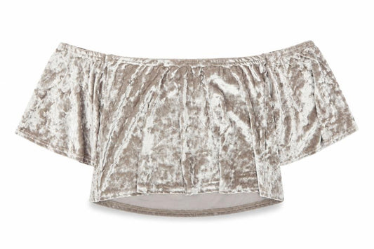 Front view of PRETTYLITTLETHING women’s beige polyester cropped tank, size UK 12, off the shoulder