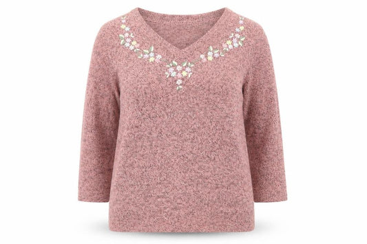 Front view of Damart women’s pink v-neck acrylic jumper, size UK 10