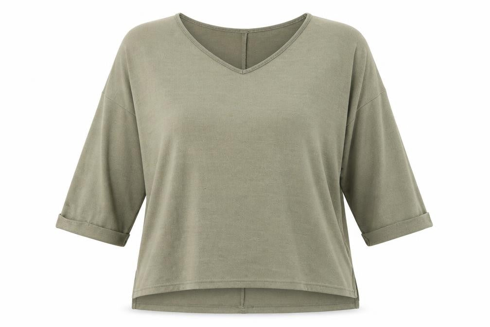 Front view of New Look women’s green v-neck polyester jumper, size M