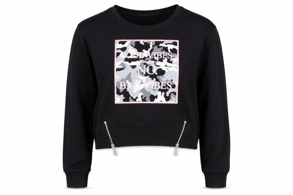 Front view of Select girls’ black cotton pullover sweatshirt, size 12-13, years pullover - good vibes no bad vibes