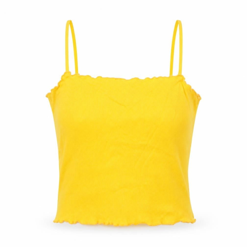 Front view of Topshop women’s yellow cotton basic tank, size UK 10, square neck