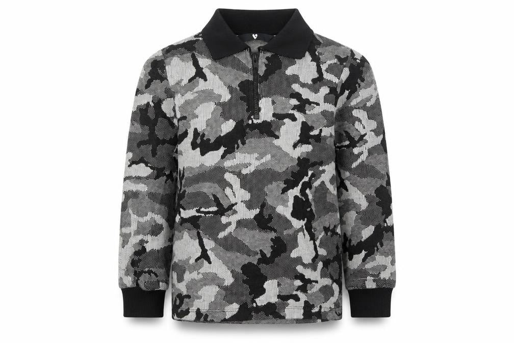 Front view of Very boys’ black camouflage viscose basic polo, size 6, years collared zip