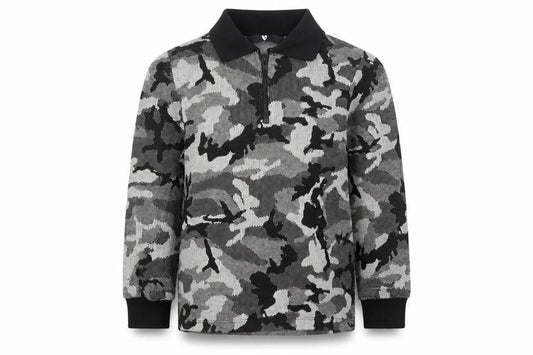 Front view of Very boys’ black camouflage viscose basic polo, size 6, years collared zip