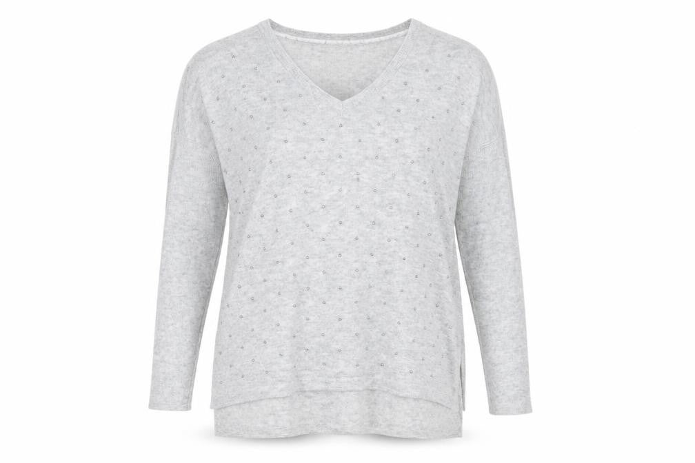 Front view of RJR.John Rocha women’s grey v-neck nylon jumper, size UK 8