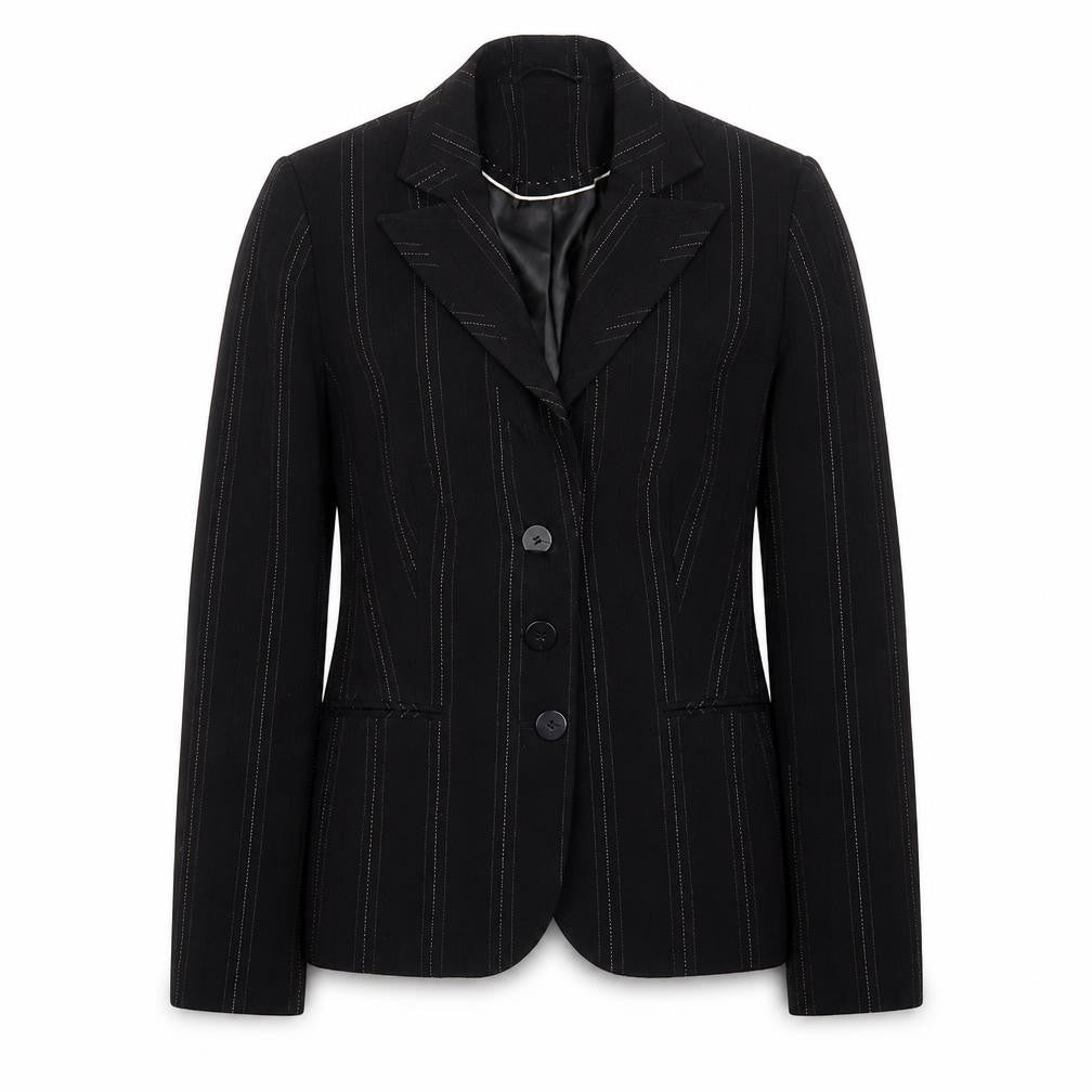 Front view of New Look women’s black striped polyester jacket blazer, size UK 12