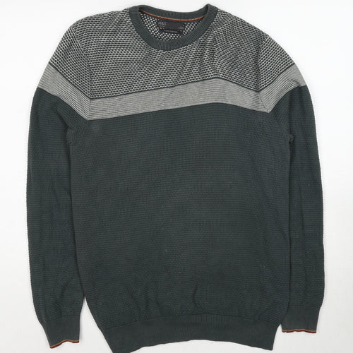 Marks and Spencer Mens Green Crew Neck Geometric Cotton Pullover Jumper Size S Long Sleeve