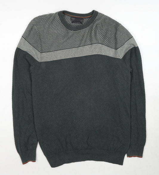 Marks and Spencer Mens Green Crew Neck Geometric Cotton Pullover Jumper Size S Long Sleeve