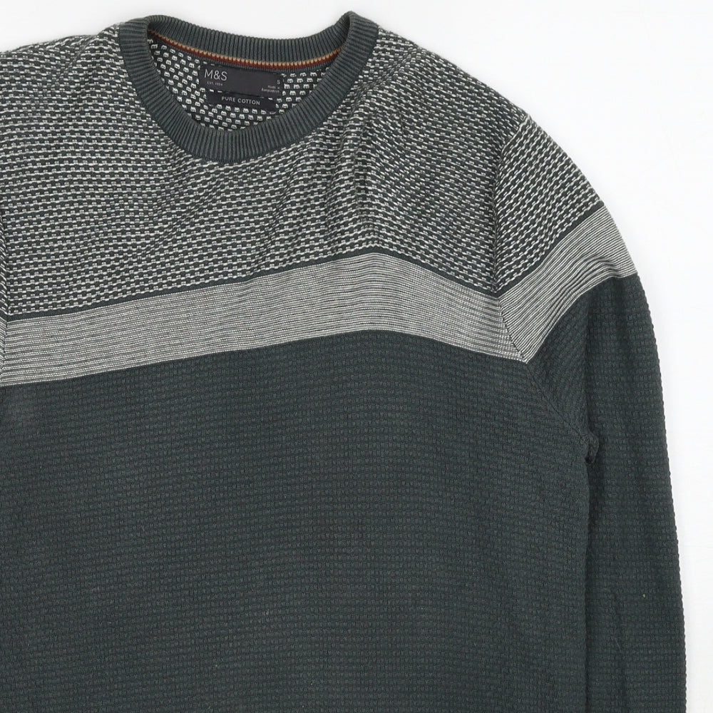 Marks and Spencer Mens Green Crew Neck Geometric Cotton Pullover Jumper Size S Long Sleeve