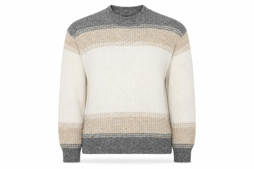 Front view of Marks & Spencer women’s multicoloured round neck striped polyester jumper, size M