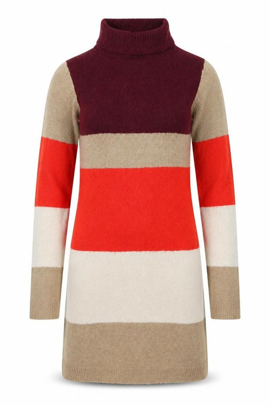 Front view of Brave Soul women’s beige colourblock acrylic kaftan, size S, high neck pullover