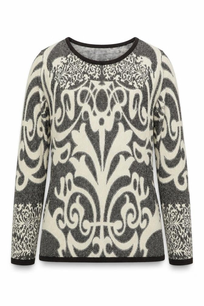 Front view of Casamia women’s beige round neck geometric viscose jumper, size S