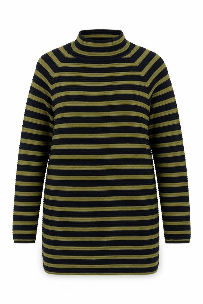 Front view of Next women’s black round neck striped polyester jumper, size UK 12