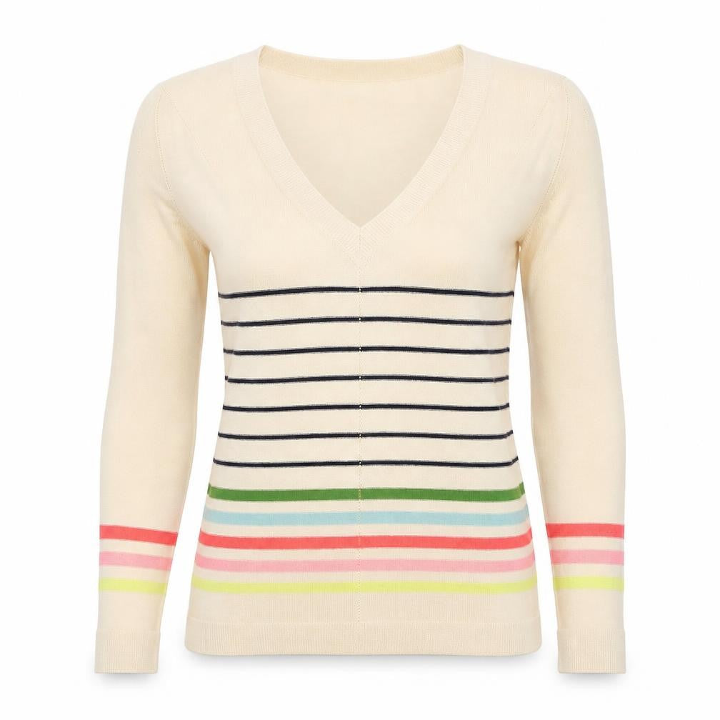 Front view of Next women’s beige v-neck striped viscose jumper, size UK 8