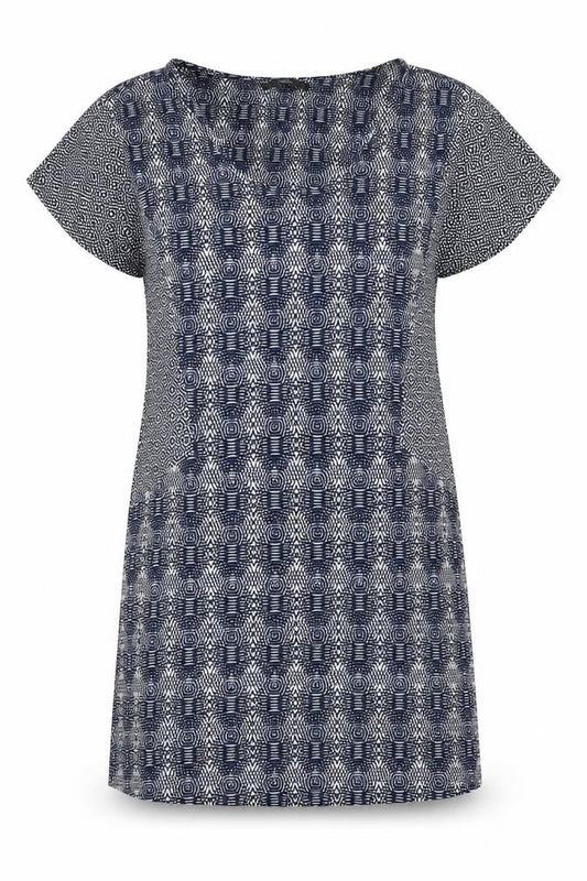 Front view of Next women’s blue geometric viscose a-line, size UK 12, round neck pullover