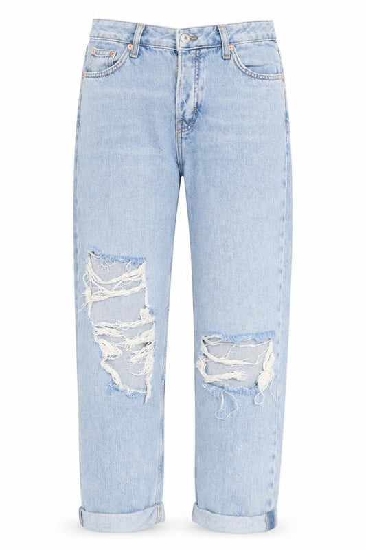 Front view of Topshop women’s blue cotton straight jeans, size UK 25, in, 32-inch leg regular zip