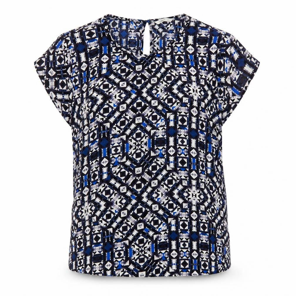 Front view of Only women’s blue geometric polyester basic blouse, size UK 14, round neck