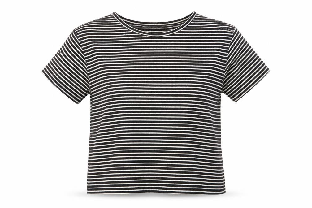 Front view of Cache Creek women’s black striped polyester basic t-shirt, size M, round neck