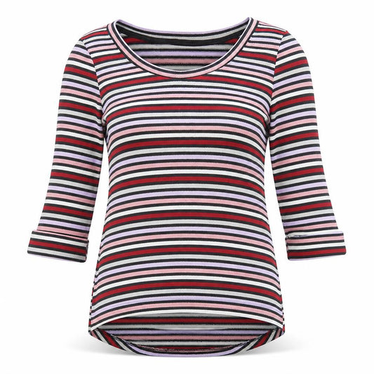 Front view of New Look women’s multicoloured round neck striped polyester jumper, size UK 10