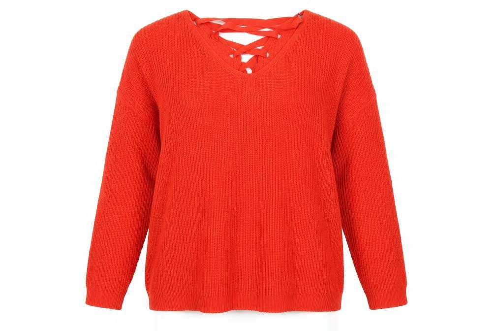 Front view of Capsule women’s orange v-neck acrylic jumper, size M