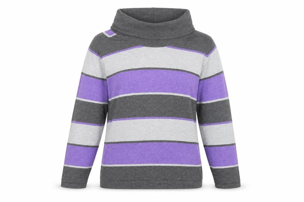 Front view of Marble women’s multicoloured roll neck striped cotton jumper, size UK 4