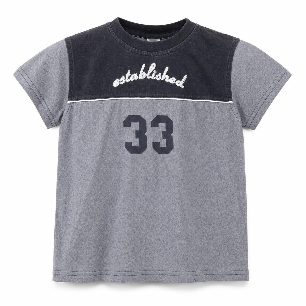Front view of Adams boys’ grey cotton basic t-shirt, size 4, years round neck pullover - established 33