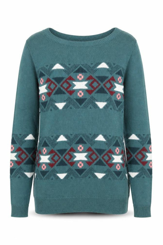 Front view of Hollister women’s green round neck geometric cotton jumper, size S
